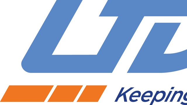 Blue lettering on a white background "UDOT" and "Keeping Utah Moving" underneath with orange line