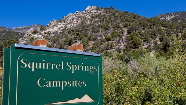 Green and tan  campsite sign with mountains in the background