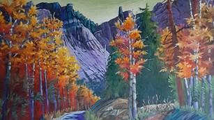 Painting of a road leading onto the image, lined by orange aspen trees with purple mountains behind.
