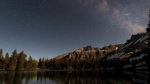 Colorful Milkyway arching over wheeler peak and a dark Stella lake