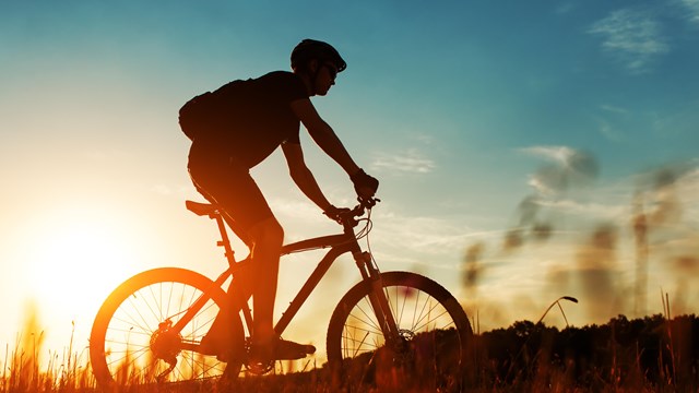 a photo of a silhouetted person on a bike. The sky behind is bright and grass blades come up under.