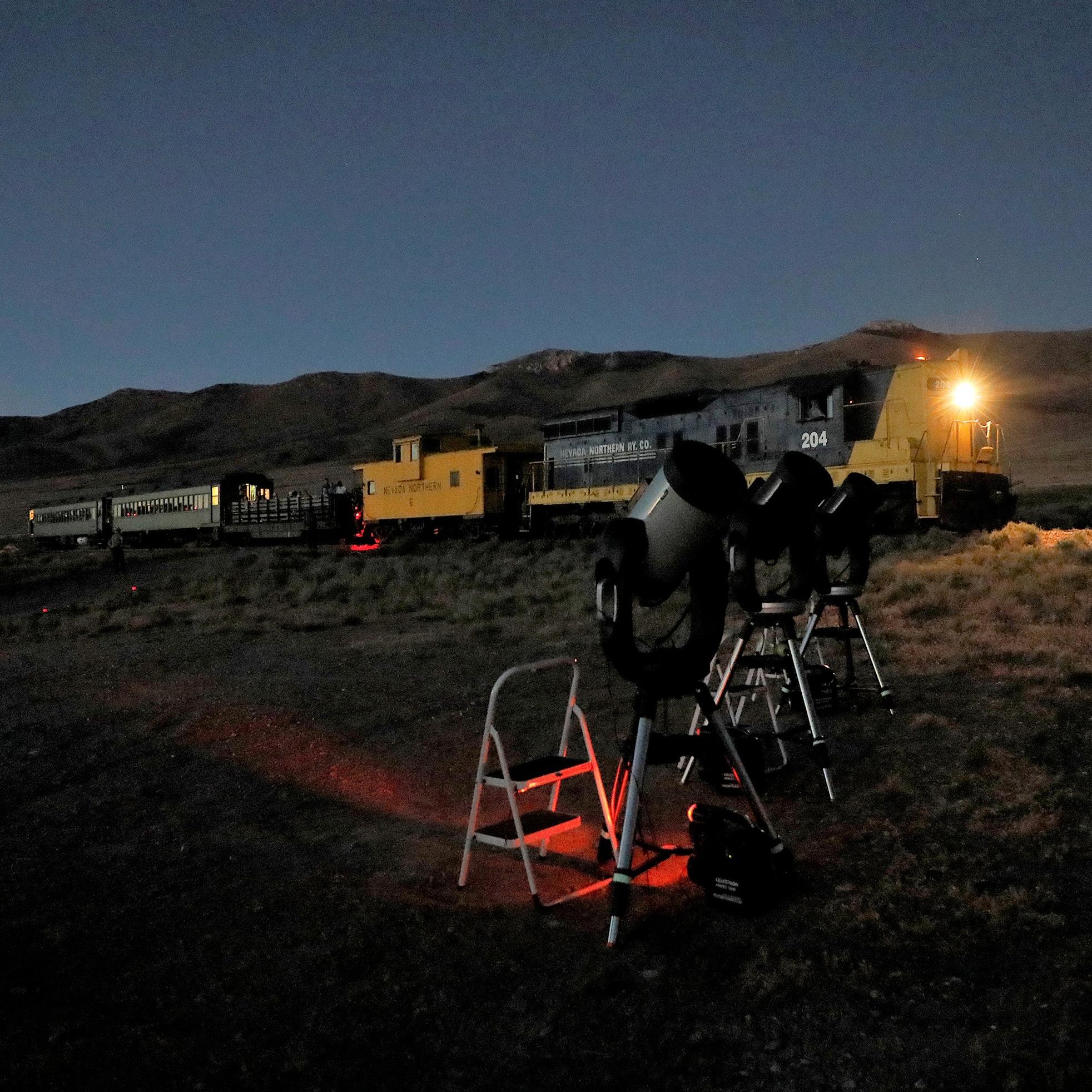 Telescopes set up a the Nevada Northern Railway's star train
