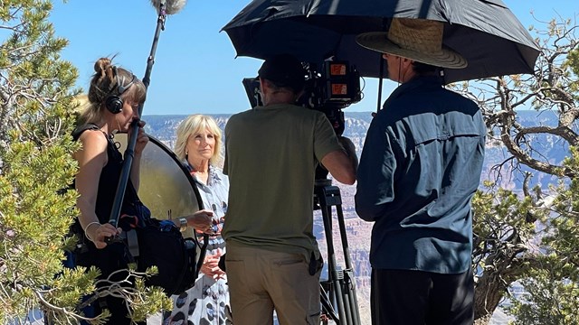 First Lady, Jill Biden, is filmed with the Grand Canyon landscape as a backdrop