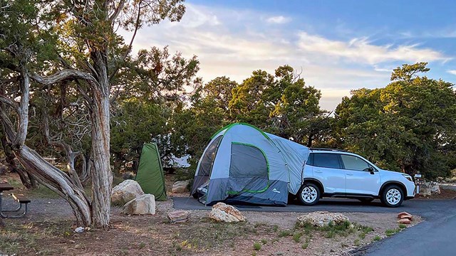 In a forested campground, a white car, parked in a paved campsite, has a tent attached in back 