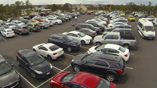 Crowded Parking Lot 2 reaching capacity at Grand Canyon Visitor Center