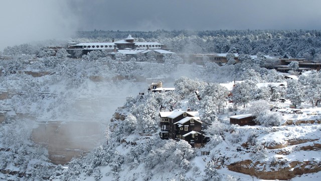 The side of the Grand Canyon in the snow.