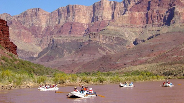 A commercial raft trip in oar boats on the Colorado River through Grand Canyon National Park.