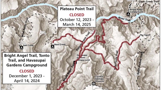 Map showing closed sections of Bright Angel Trail, Plateau Point Trail, and Tonto Trail