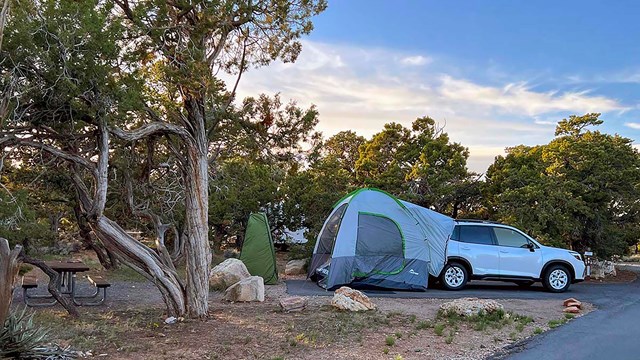 In a paved campsite, a white SUV with a gray and white tent attached at the rear. 