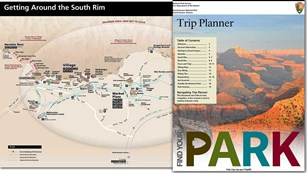 Pocket Map (left) of Grand Canyon Village, Trip Planner booklet (right)