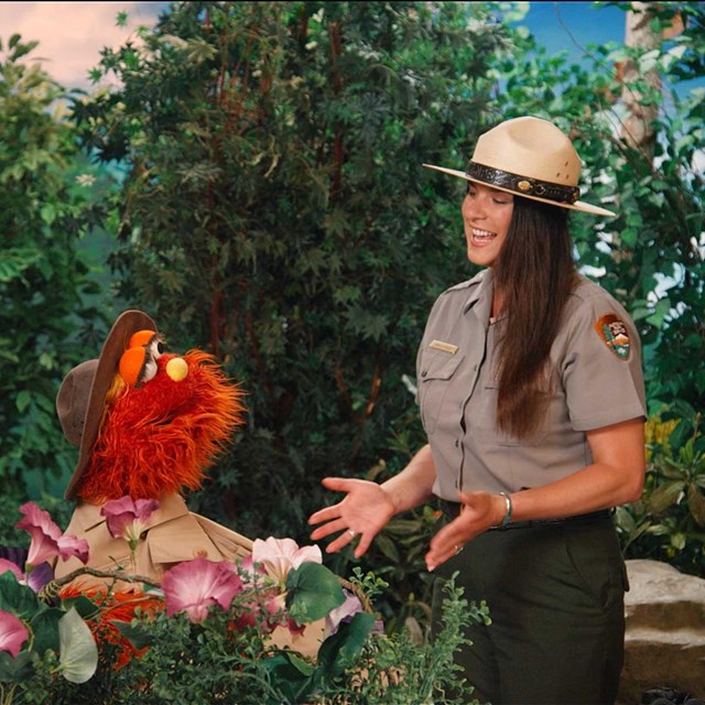 Muppets Elmo and Murray along with Park Ranger Amala From Grand Canyon.