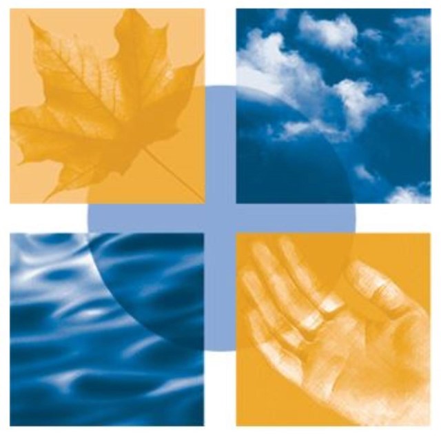 Logo with four boxes showing a leaf, clouds, dunes, and a hand