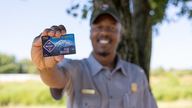 A Ranger holds an America the Beautiful Lifetime Military Pass in front of a large tree.