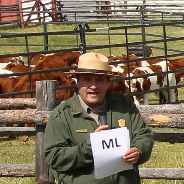 Ranger giving talk with calves in the corral behind him.