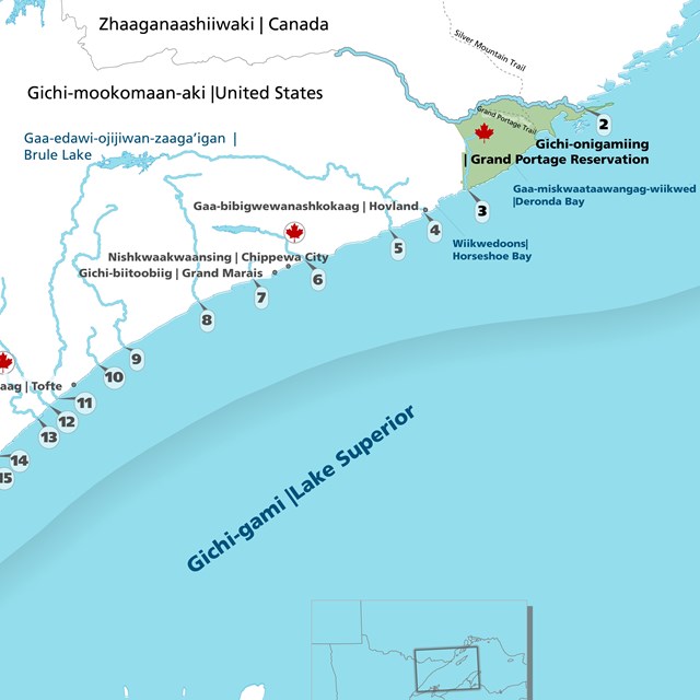A map of place names along Lake Superior's north shore in Ojibwe language and English.