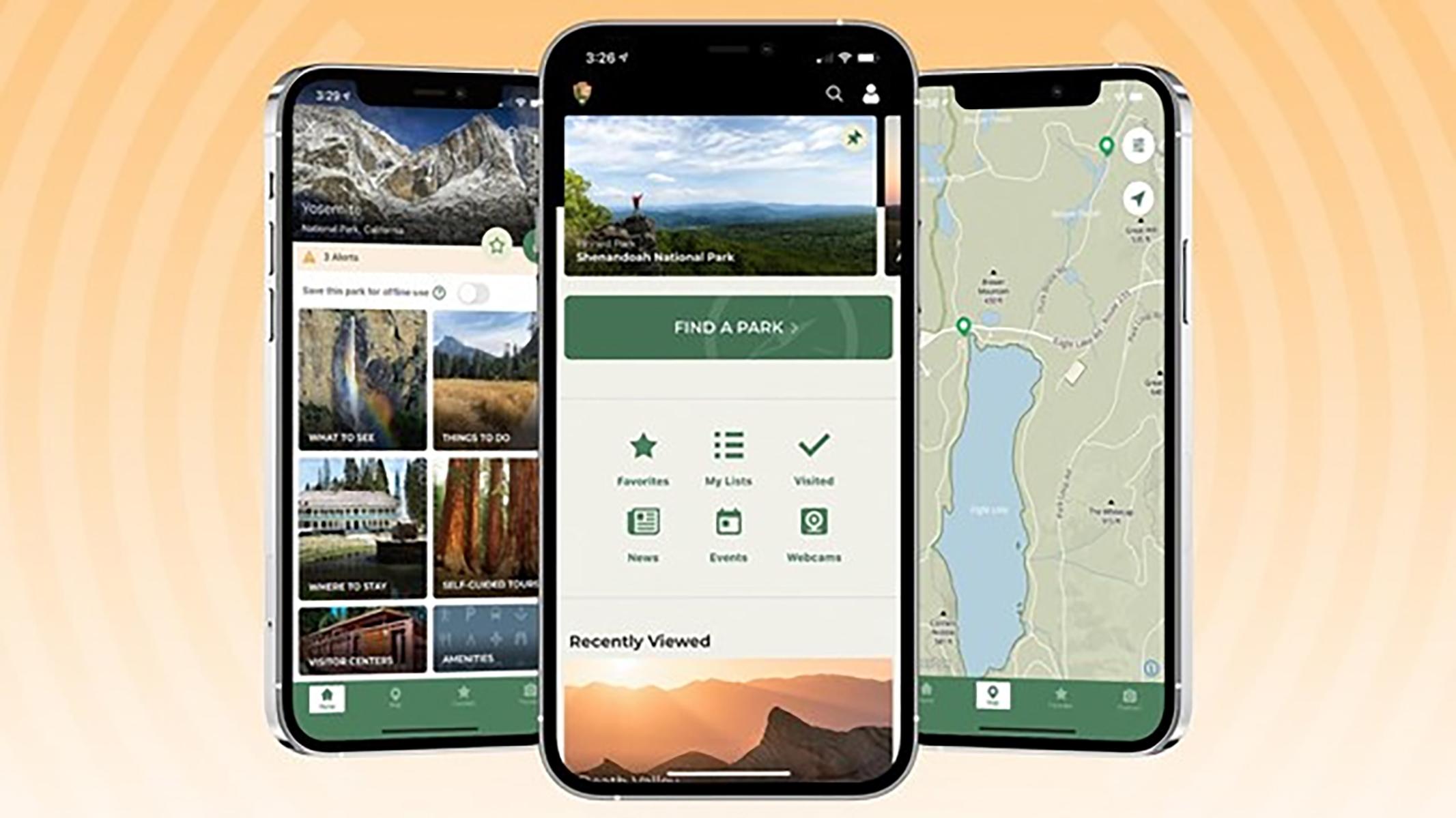 Three phones showing National Park Service Mobile App