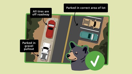 A graphic with a smiling bear beside a green check mark overlooking four safely parked cars.