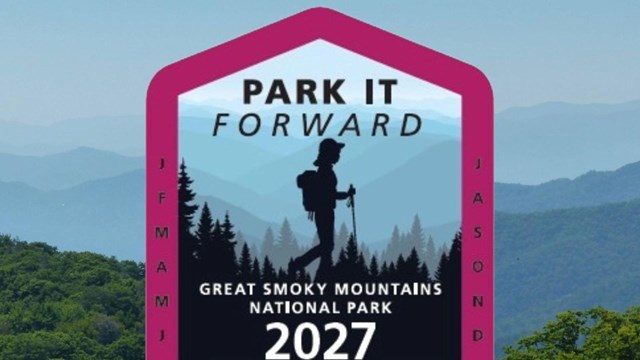 A annual great smoky mountains parking tag with a blue and black design and a salamander