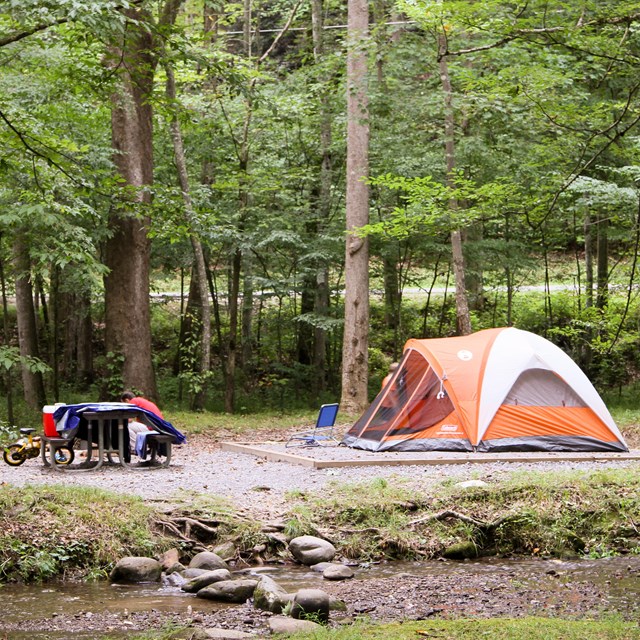 An orange tent in a campsite with a picnic table surrounded by green trees