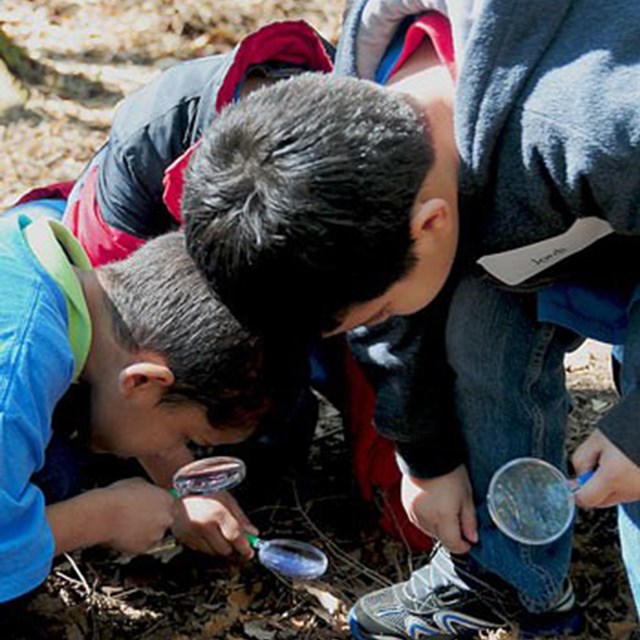 Two students using magnifying lenses to look at soil.