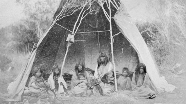 Group of Shoshone people sitting in a bent tree with hide shelter
