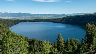 A lake as seen from a high vantage point.