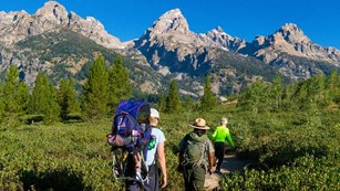 A group of people hiking with a Ranger with the Grand Teton in the distance.