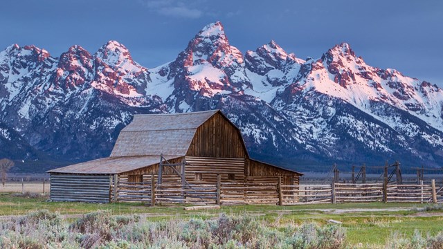 TA Moulton historic barn in the morning mist Teton Range beyond.