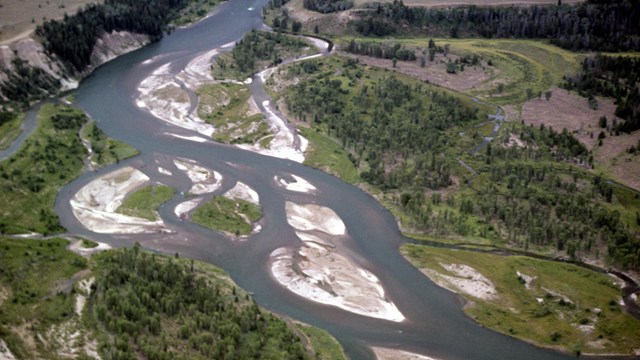 Channels of the Snake River from above showing gravel bars