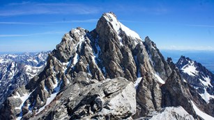 A photo of the Grand Teton taken from a neighboring summit