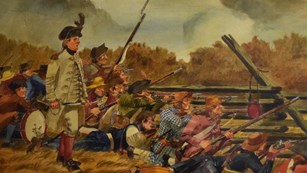 Don Troiani watercolor painting of the Guilford Militia at a split rail fence