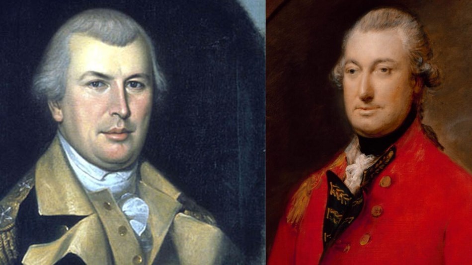 Painting of Nathanael Greene in blue commander uniform and Cornwallis in red commander uniform