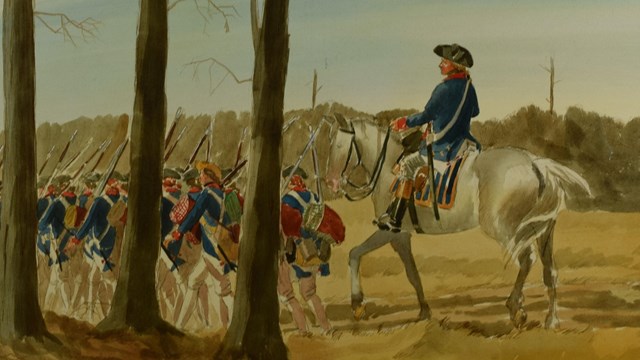 Watercolor painting of American officer on horseback behind soldiers in a forest