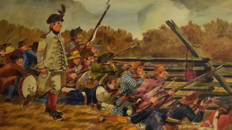 Watercolor painting of militia laying on ground behind a split rail fence, with standing officer