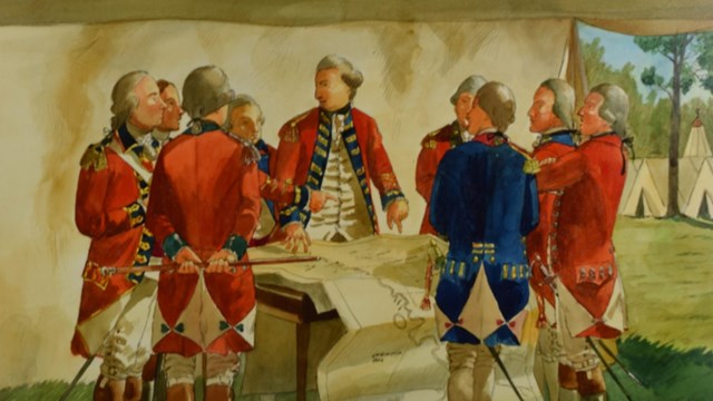 Watercolor painting of seven British officers gathered around a map, under a tent
