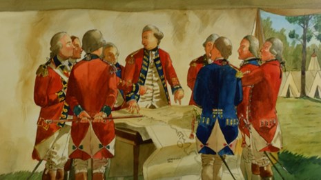 Watercolor painting of seven British officers gathered around a map, under a tent
