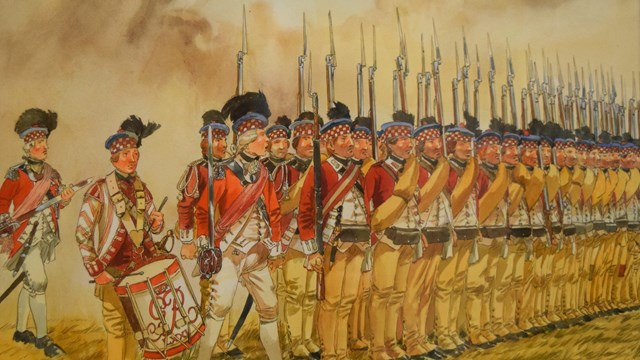 Watercolor painting of the 71st Regiment standing with muskets and wearing bonnets and red jackets