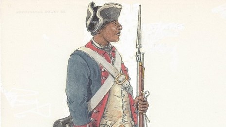 Watercolor painting of an African American Continental soldier holding musket