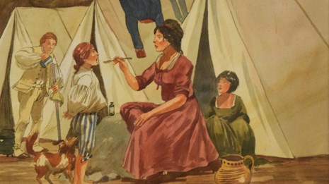 Watercolor painting of a women in a Revolutionary War camp feeding three children