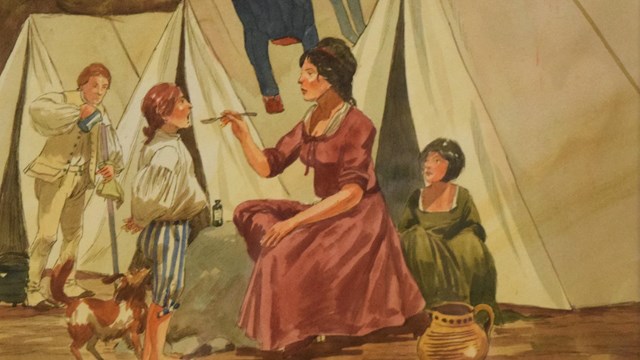 Watercolor painting of a women in a Revolutionary War camp feeding three children