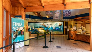 The inside of a wooden building with exhibits and a desk that serves as a visitor center.