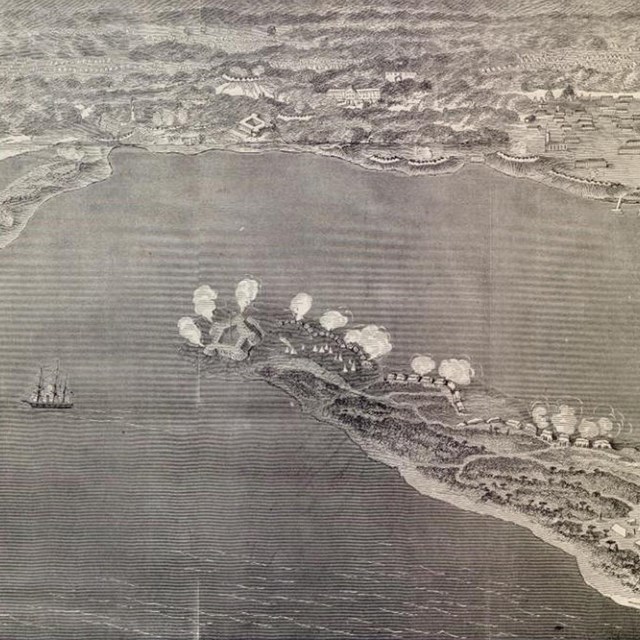 Historic engraving showing a bird's eye view of a bombardment between forts.