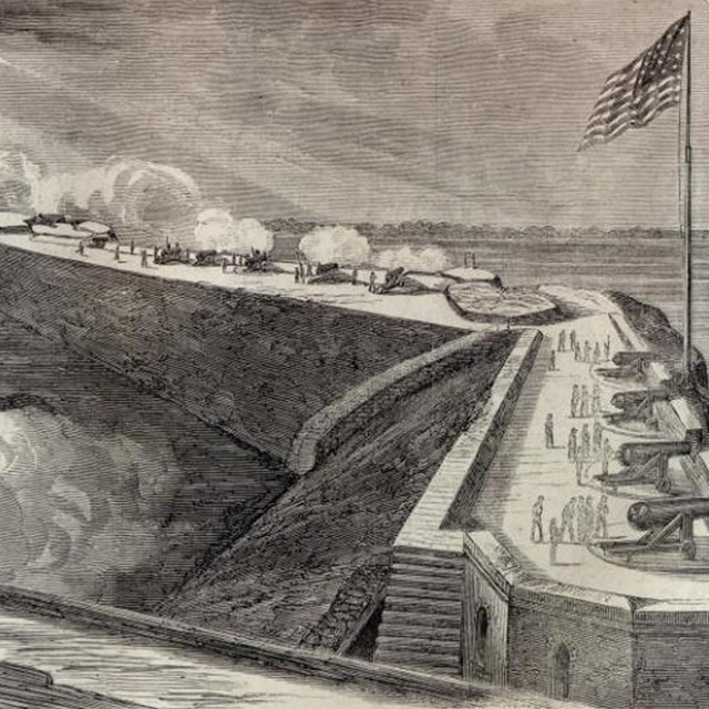 Historic engraving showing soldiers firing cannon from a fort flying the American flag.