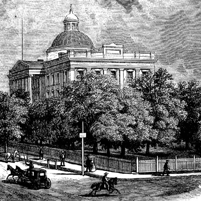 Black and white etching of the old Mississippi state house.