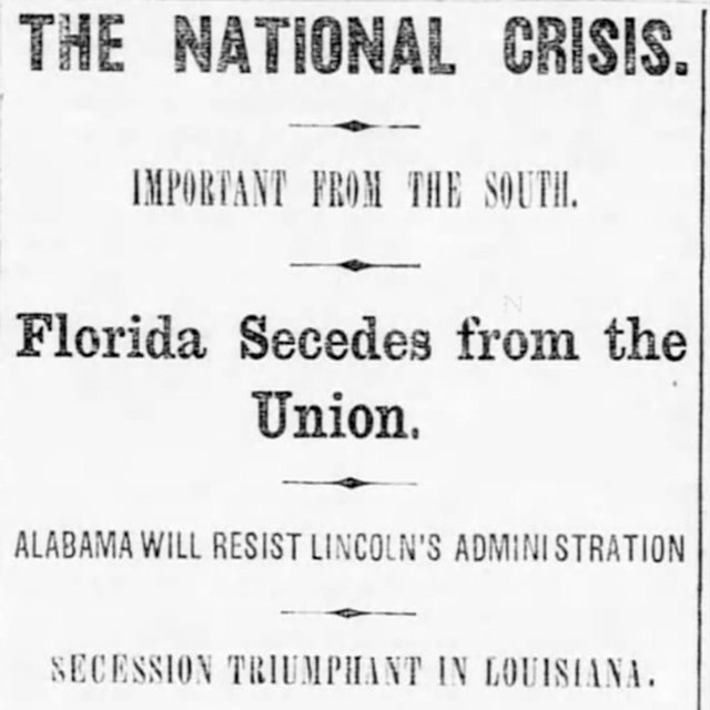 A newspaper clipping announcing Florida's secession in 1861.
