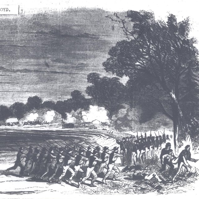 Historic etching of soldiers battling. 