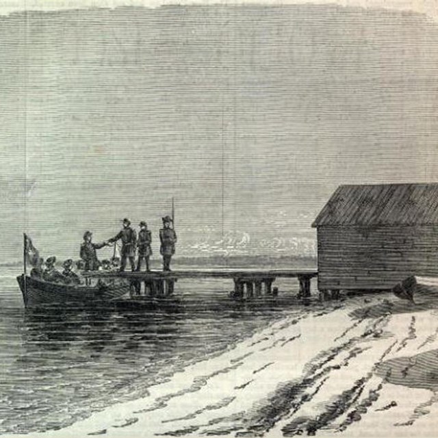 A historic engraving of men meeting on a dock.