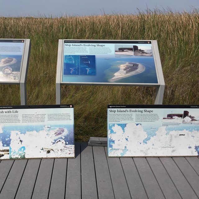 Old sun-damaged wayside panels lean on their frames which now hold new panels overlooking wetlands.