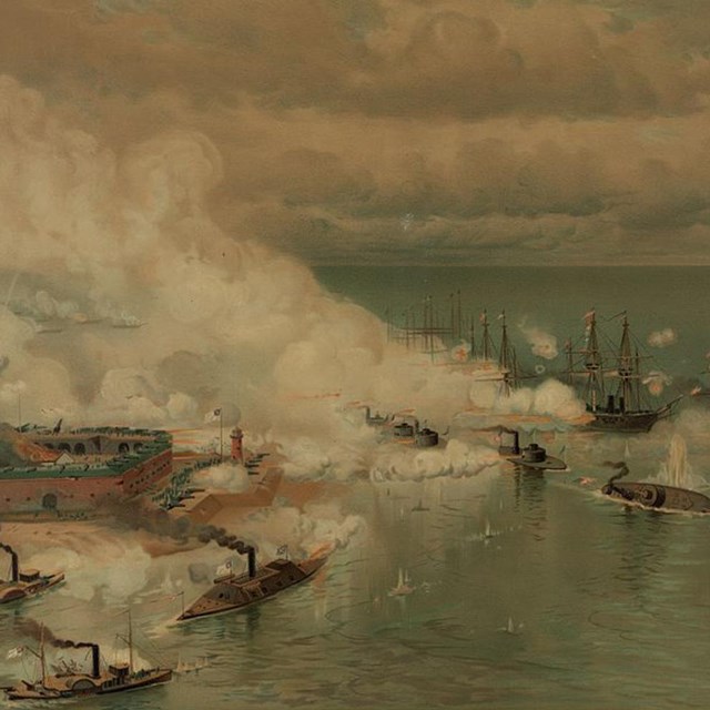 A historic sketch of the 1864 Battle of Mobile Bay; ships engaged with a coastal fort.