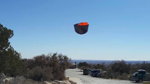 A dome tent in mid air